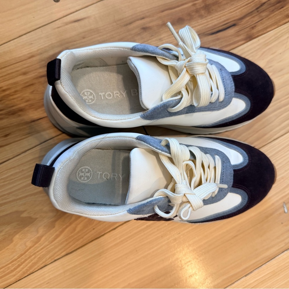 Tory Burch Cream, Light Blue & Dark Brown Suede-Trim Sneakers